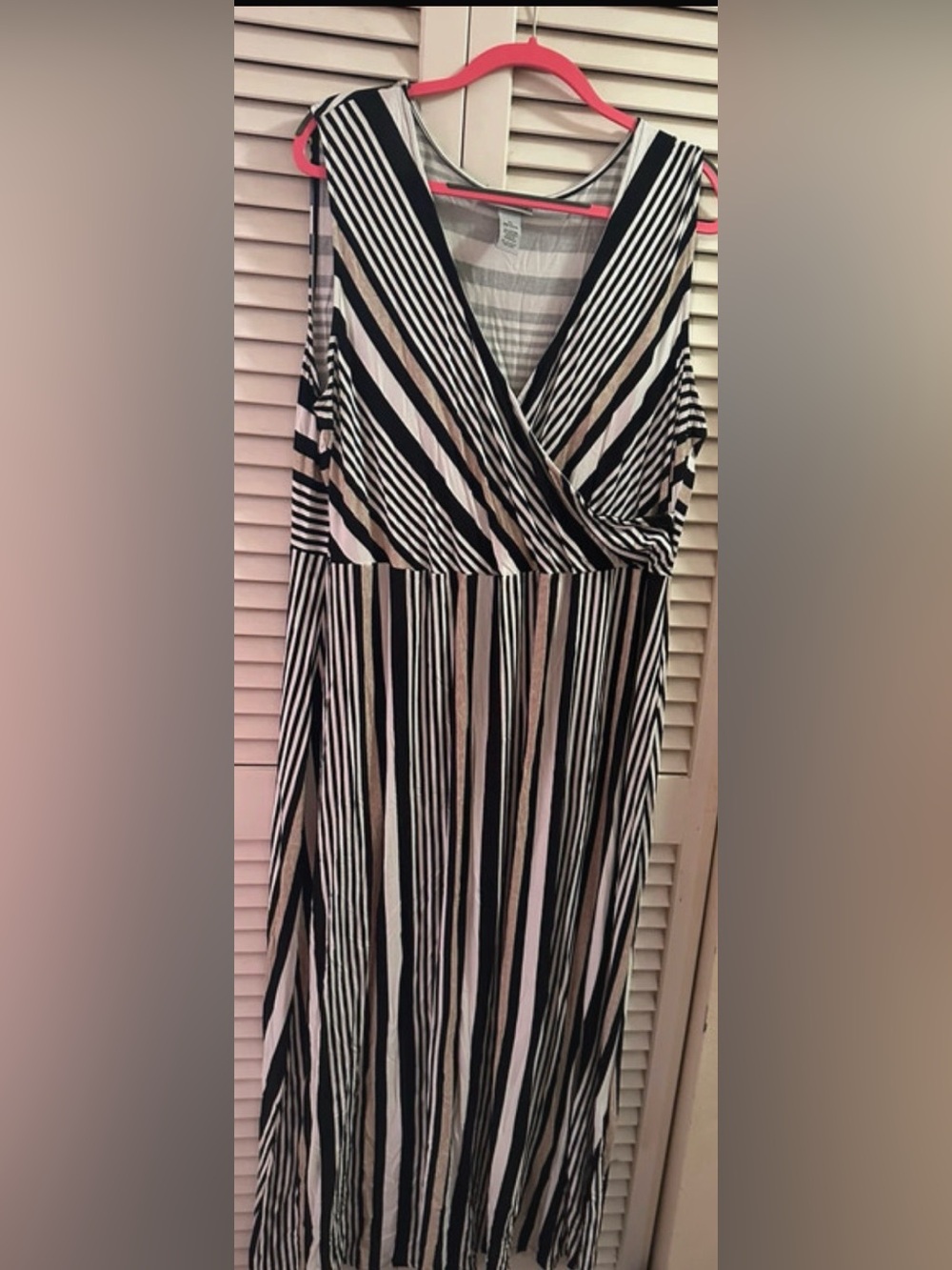 Catherines Black, White & Tan Striped Long-Sleeve Wrap Dress